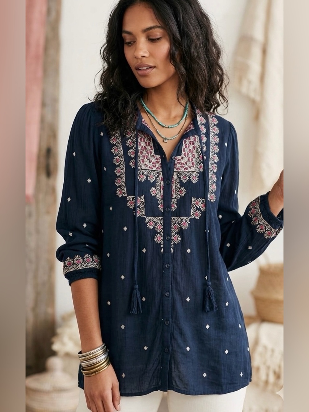 Vanessa Virginia x Anthropologie Embroidered Navy Peasant Top w Tassle tie S